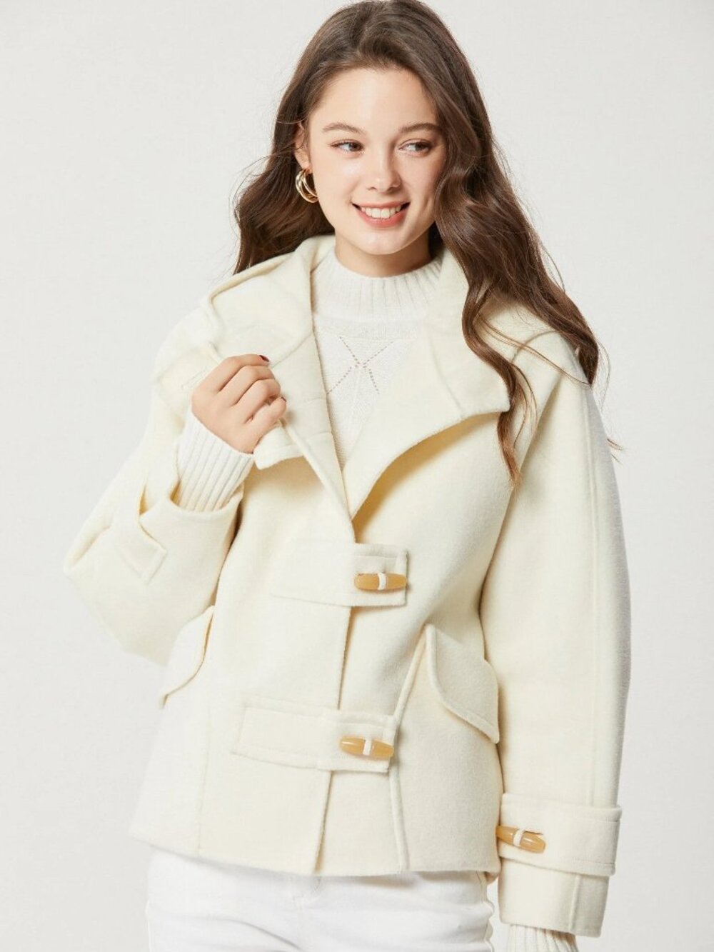 Fangyan Elegant White Cream Toggle Wool Coat with Hood Size XS